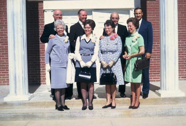 District Superintendent Robert Baldridge and his wife, Robert and Margaret Allred, Bishop Ralph T. and Marion Alton, and Eldon and Helen Brown at the consecration service on October 15, 1972.