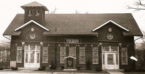 Exterior of Paoli Evangelical United Brethren Church in the early 1960s.