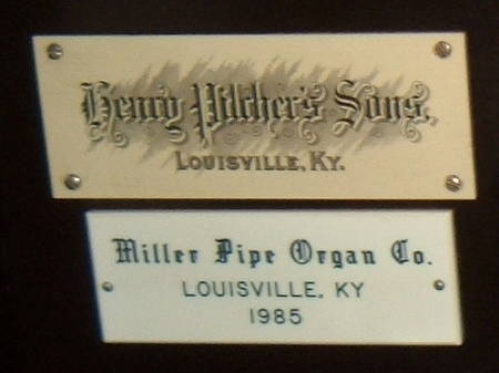 Logos of Henry Pilcher's Sons music company and the Miller Pipe Organ Company of Louisville, Kentucky.