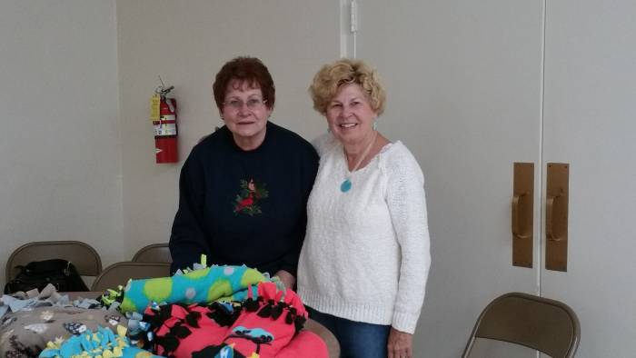 Elizabeth Faulkner and Beverly Magner working on the Blankets of Love mission at the Paoli United Methodist Church.
