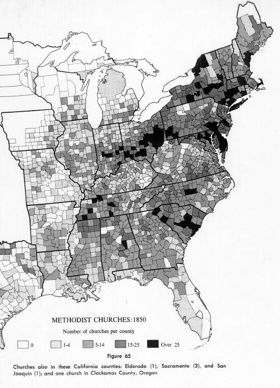 Map of Methodist Churches from 1850 census data.