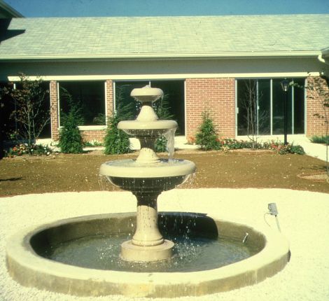 The new fountain in the central courtyard of the new Methodist Church building.
