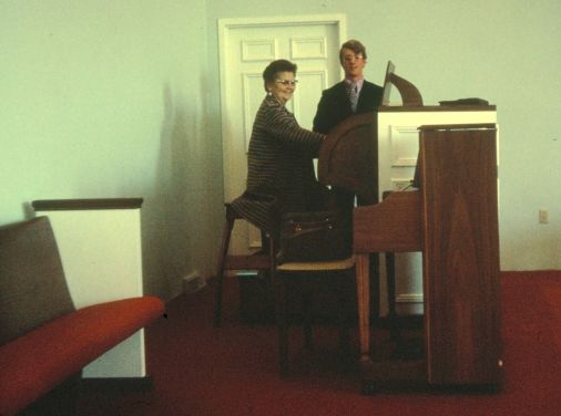 Mabel Ellis at the pipe organ console at the consecration service on October 15, 1972.