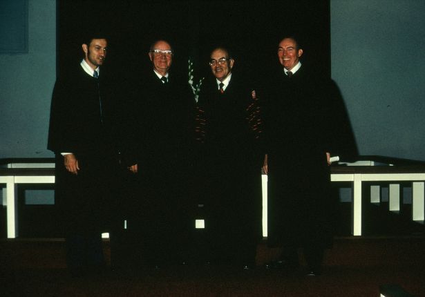 Eldon Brown, Bishop XXXX, Bishop XXXX, and Robert Allred at the consecration service on October 15, 1972.