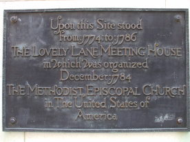Historical marker at the site of the Lovely Lane Meeting House (1774-1786) where the Methodist Episcopal Church was founded in Baltimore, Maryland in 1784.