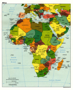 Political map of Africa, West Asia and Europe.