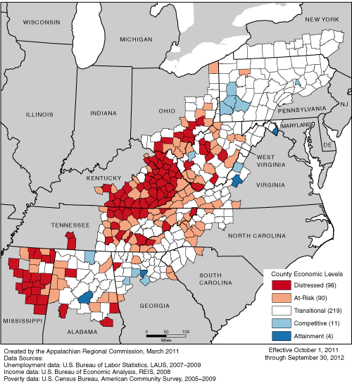 County economic status in Appalachia, fiscal year 2012, from the Appalachian Regional Commission, http://www.arc.gov/research/MapsofAppalachia.asp?MAP_ID=55