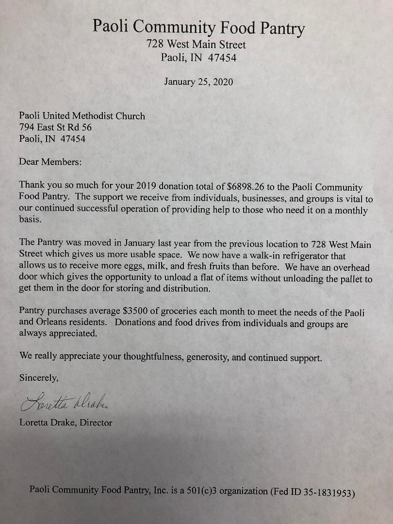 Letter from Paoli Community Food Pantry