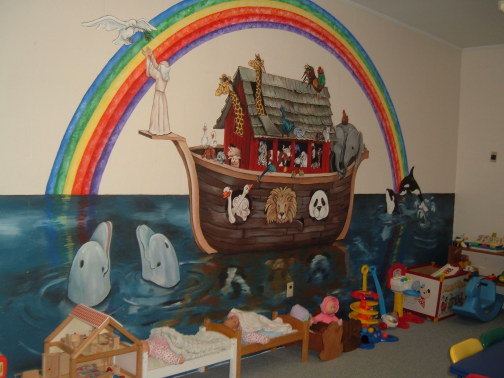 Mural of Noah's Ark in the nursery (ages 0-3).