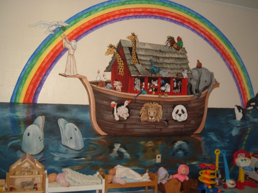 Mural of Noah's Ark in the nursery (ages 0-3).