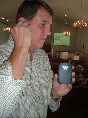 Remote amplified audio system in the sanctuary of the Paoli United Methodist Church during a Sunday morning worship service.