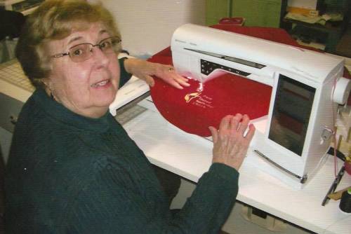 Annabelle Rominger embroidering a prayer blanket for a member of the Paoli United Methodist Church.