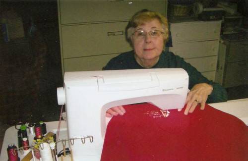 Annabelle Rominger embroidering a prayer blanket for a member of the Paoli United Methodist Church.