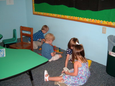 Children and the teacher in the Paoli, Indiana United Methodist Church preschool.