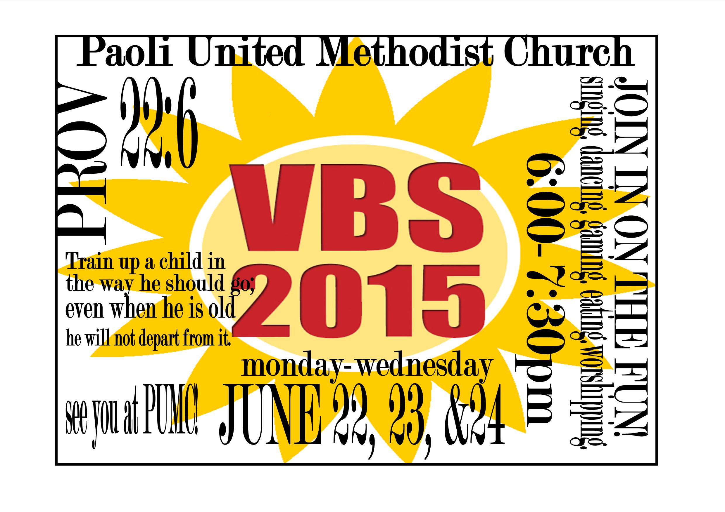 Paoli UMC Vacation Bible School announcement for June 2015.