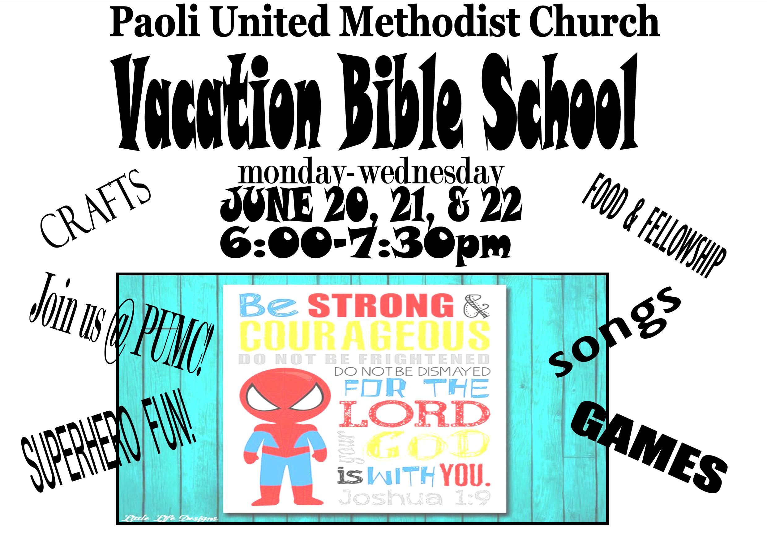 Paoli UMC Vacation Bible School announcement for June 2016.